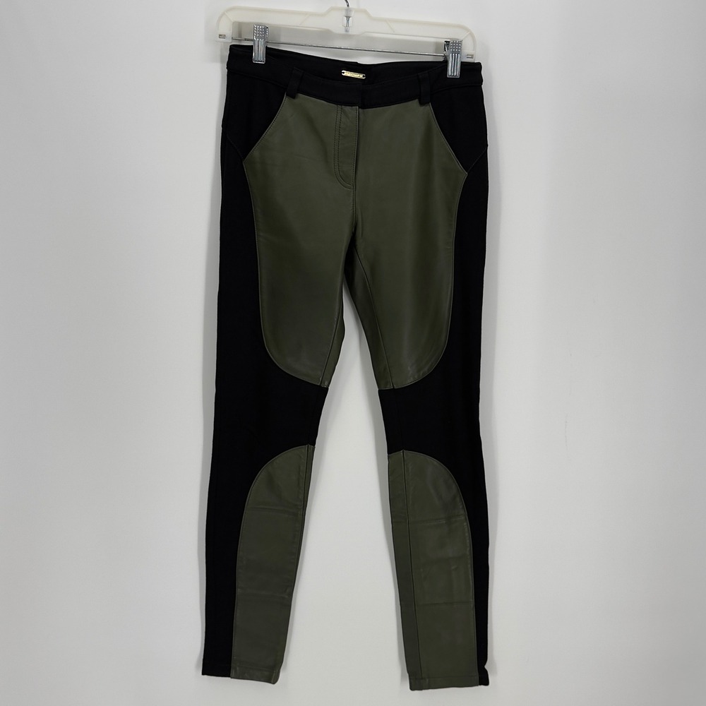 Rebecca Minkoff Equestrian Leggings‎ Black Olive Green Faux Leather Patch Pants